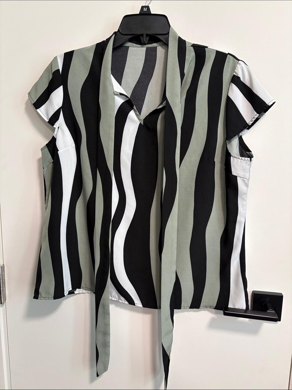 Tie-Neck Wavy Stripe Blouse - Black, White & Sage